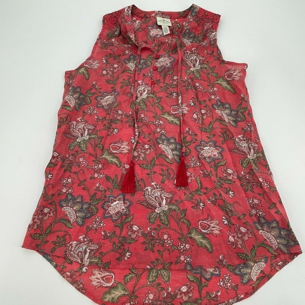 St. John's Bay Top Small Womens Cabaret Red Floral Sleeveless Tassel Boho - Picture 3 of 11